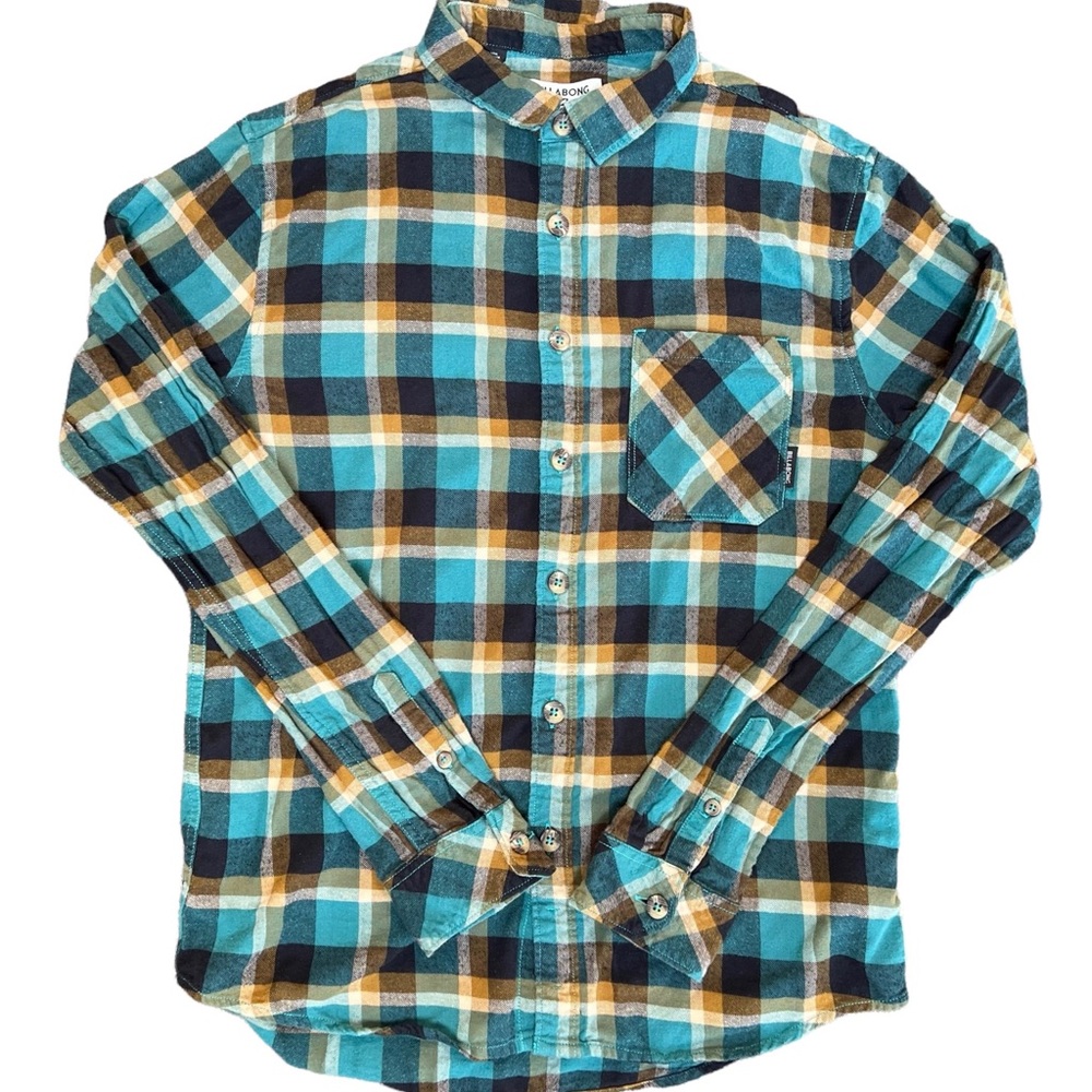 Billabong Mens Shirt Plaid Flannel Long Sleeve Blue Green Yellow Size Small